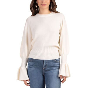 Trina Turk Chloe Merino Wool Sweater Ruffled Sleeves White Quiet Luxury Sz XL